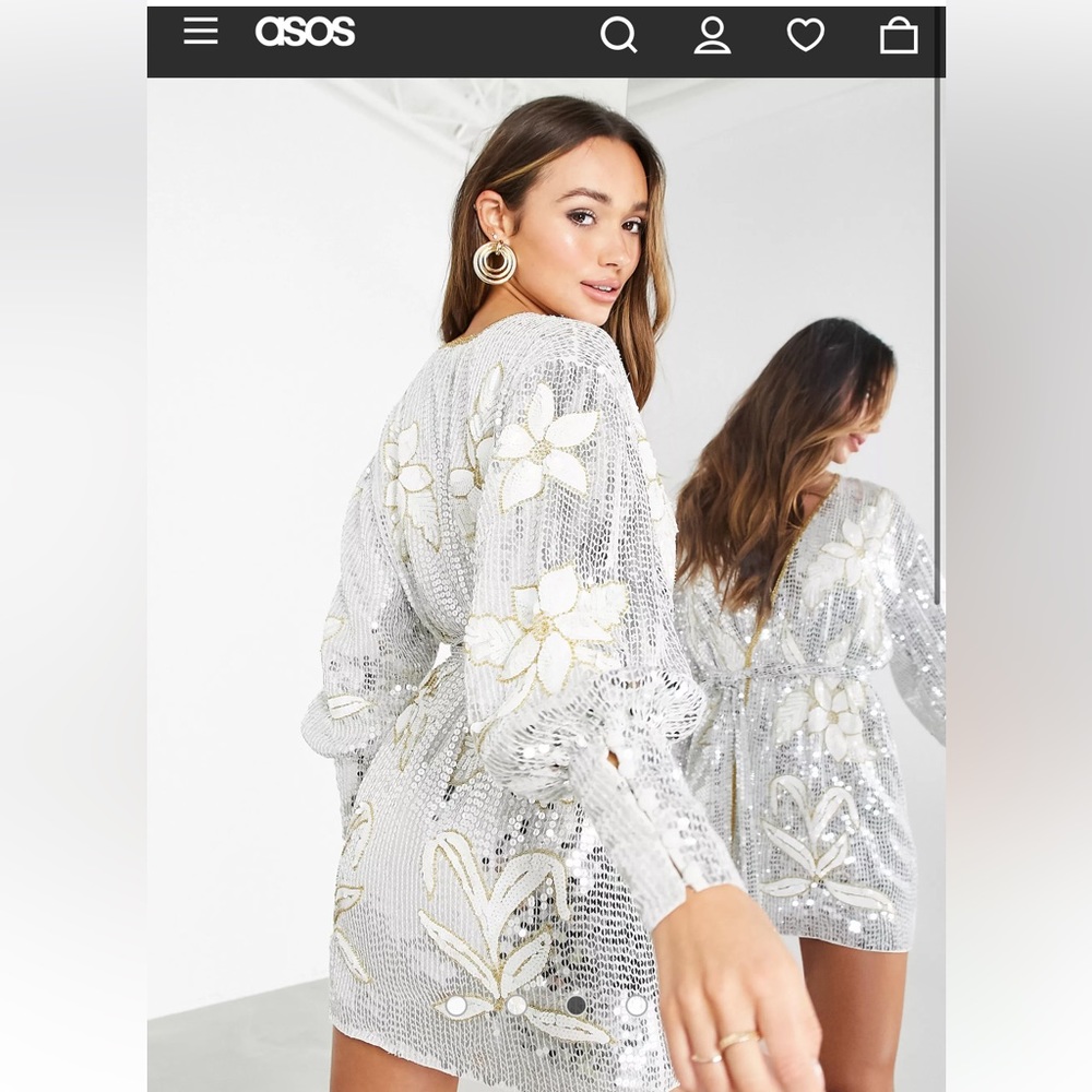 ASOS sequined white floral wrap dress
